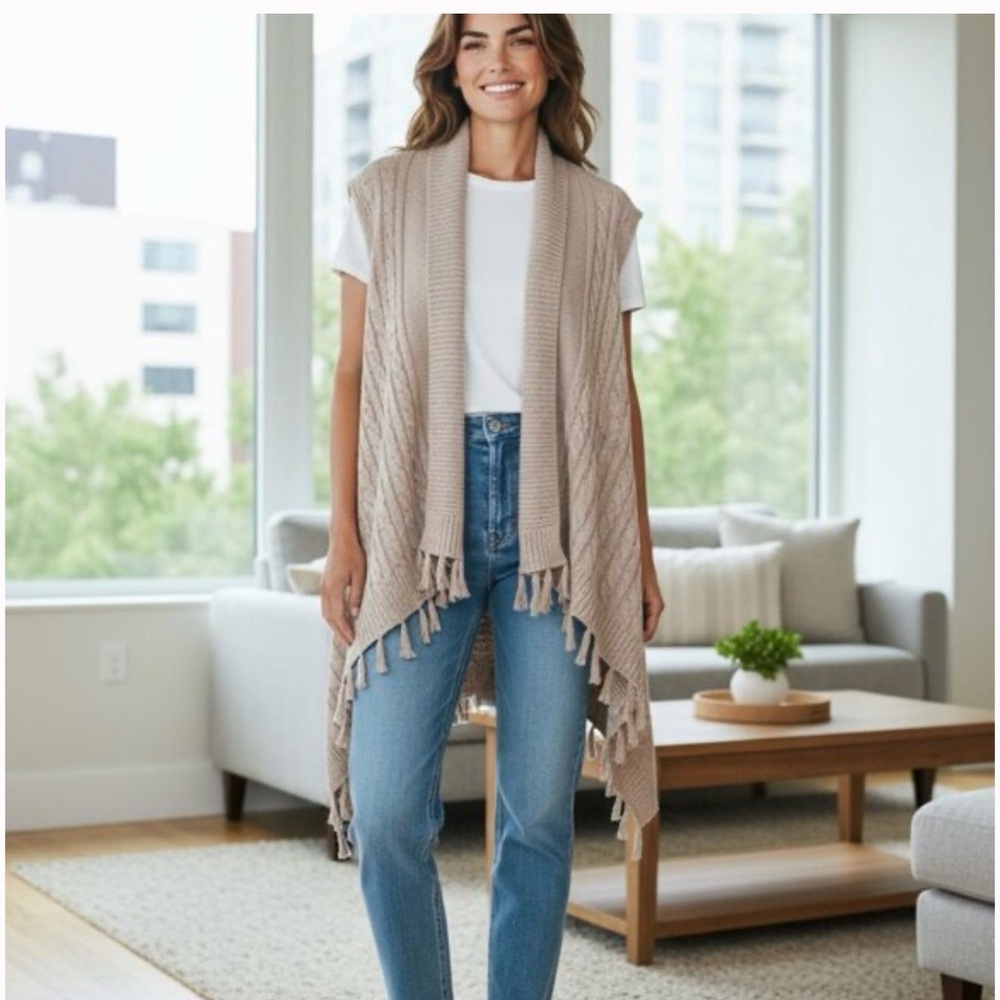MATILDA JANE MINDS EYE TAN CABLE KNIT FRINGE TASSELS SWEATER VEST